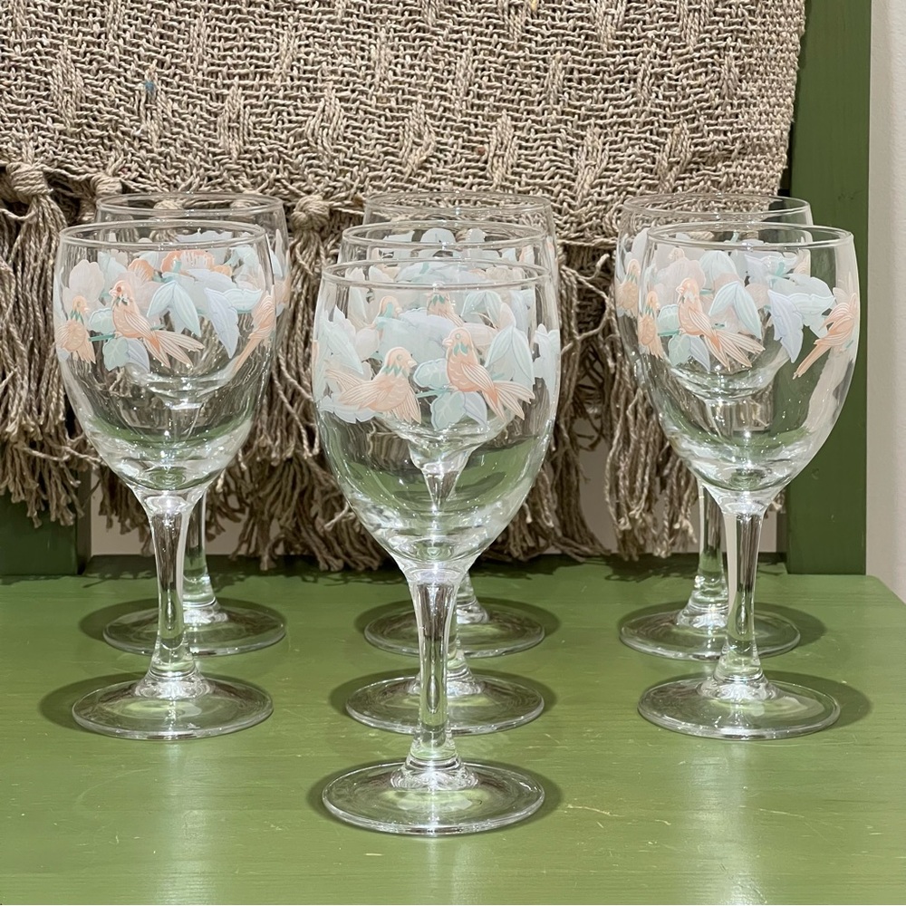 Vintage Luminarc France Pastel Birds and Flowers Wine Glasses – Set of 7